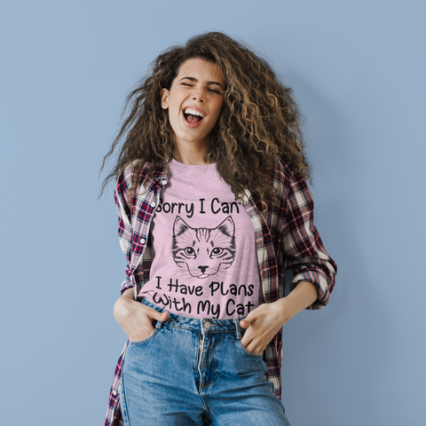 Unisex Classic Crew T-Shirt - Humorous Cat Lover Design | 'Sorry I Can't, I Have Plans With My Cat' | Monochrome Sketch Print on Light Tees | Casual & Playful Pet-Themed Apparel