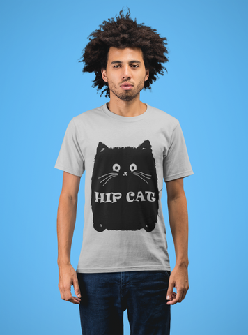 Unisex Classic Crew T-Shirt with Quirky 'HIP CAT' Cartoon Design – Monochrome Humor & Style