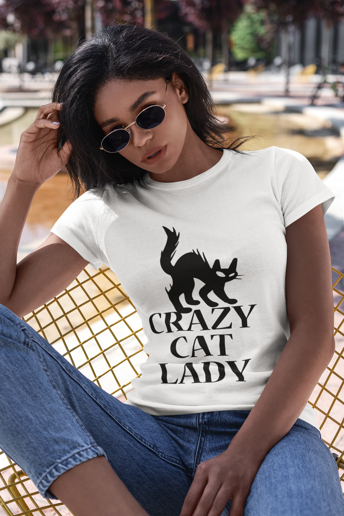 Unisex Classic Crew T-Shirt - Bold 'Crazy Cat Lady' Silhouette Design in Monochrome