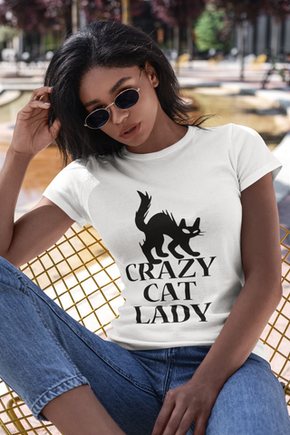 Unisex Classic Crew T-Shirt - Bold 'Crazy Cat Lady' Silhouette Design in Monochrome