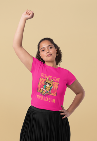 Women’s Black Cotton T-Shirt – “Vacation Very Much Needed!” Funny Holiday Graphic Tee