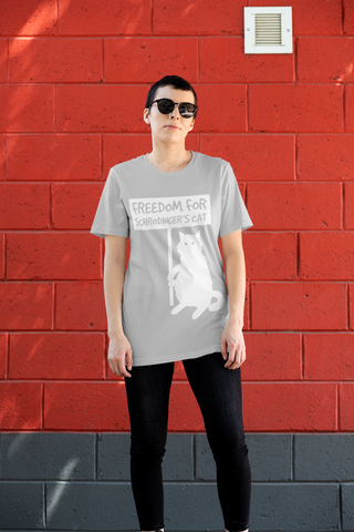 Unisex T-Shirt with Quirky 'Freedom for Schrödinger's Cat' Design – Bold White Graphics & Text, Science Humor Tee