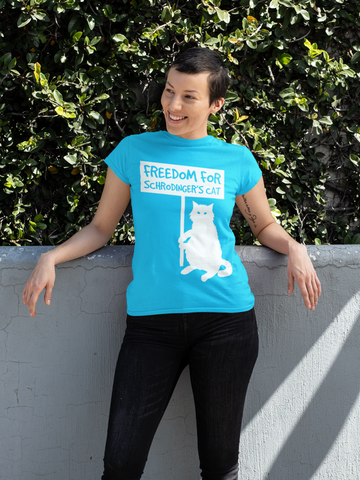 Unisex T-Shirt with Quirky 'Freedom for Schrödinger's Cat' Design – Bold White Graphics & Text, Science Humor Tee
