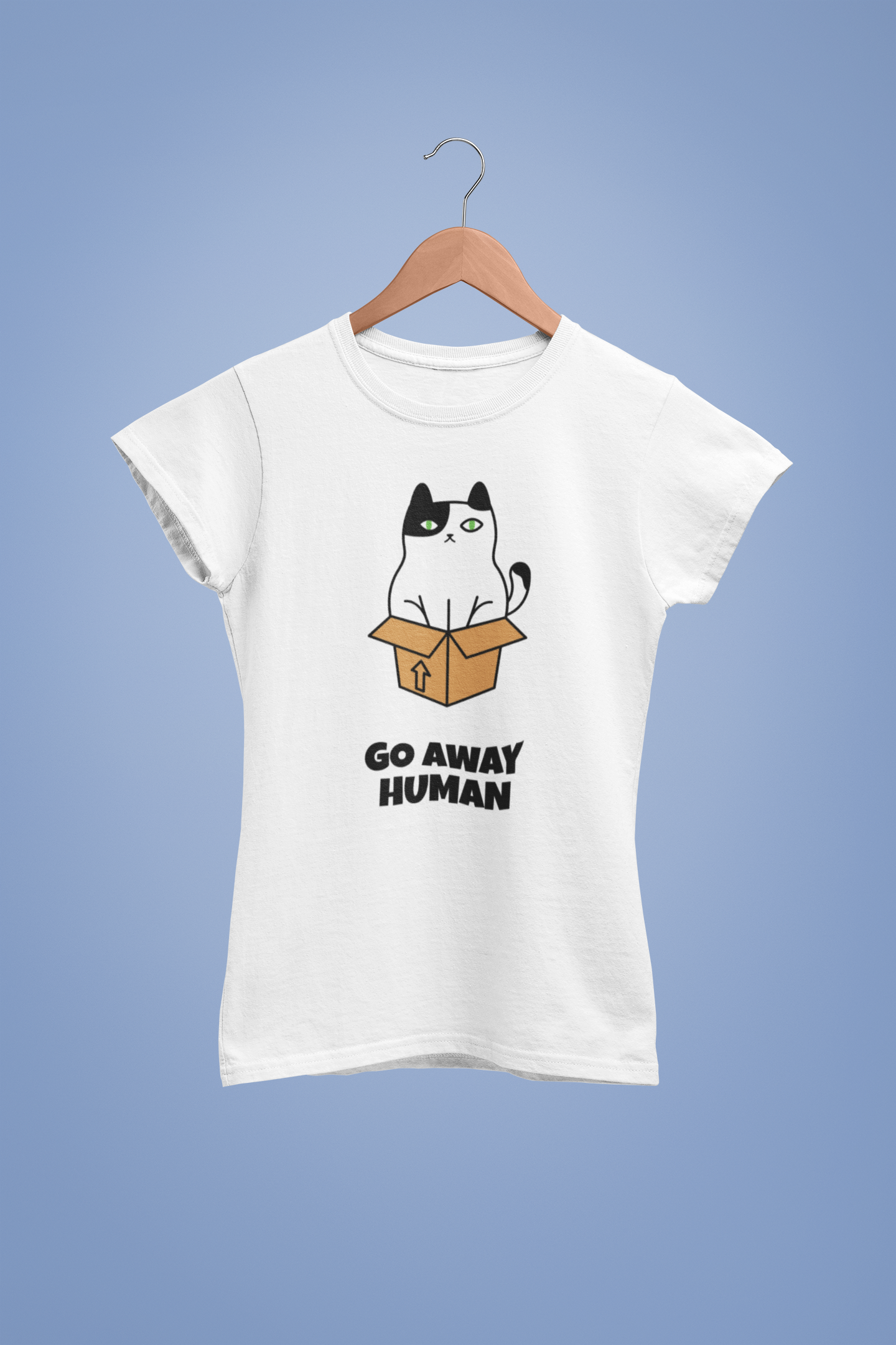 Go Away Human T-Shirt – Funny Grumpy Cat in Box Tee for Women