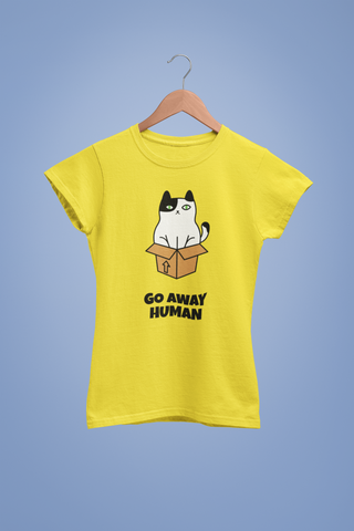 Go Away Human T-Shirt – Funny Grumpy Cat in Box Tee for Women
