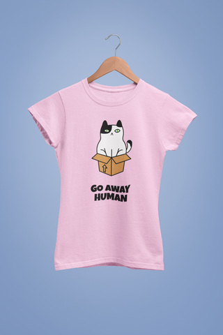 Go Away Human T-Shirt – Funny Grumpy Cat in Box Tee for Women