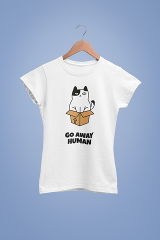 Go Away Human T-Shirt – Funny Grumpy Cat in Box Tee for Women
