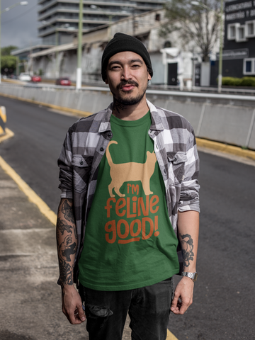 Unisex Classic Crew T-Shirt - 'I'm Feline Good' Cat Silhouette & Punny Phrase Design, Bold Orange Text, Fun & Quirky Casual Wear for Cat Lovers