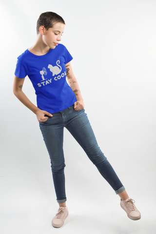 Unisex Classic Crew T-Shirt - 'Stay Cool' Cat & Fan Graphic | Monochrome Humor Design | Vintage Minimalist Style
