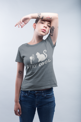 Unisex Classic Crew T-Shirt - 'Stay Cool' Cat & Fan Graphic | Monochrome Humor Design | Vintage Minimalist Style