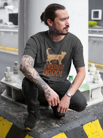 Unisex Classic Crew T-Shirt - 'I'm Feline Good' Cat Silhouette & Punny Phrase Design, Bold Orange Text, Fun & Quirky Casual Wear for Cat Lovers