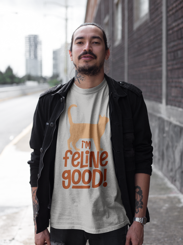 Unisex Classic Crew T-Shirt - 'I'm Feline Good' Cat Silhouette & Punny Phrase Design, Bold Orange Text, Fun & Quirky Casual Wear for Cat Lovers