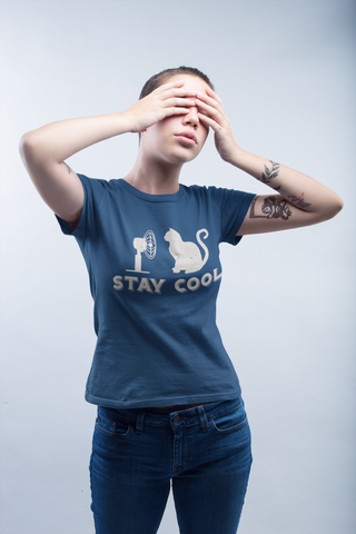 Unisex Classic Crew T-Shirt - 'Stay Cool' Cat & Fan Graphic | Monochrome Humor Design | Vintage Minimalist Style