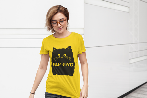 Unisex Classic Crew T-Shirt with Quirky 'HIP CAT' Cartoon Design – Monochrome Humor & Style