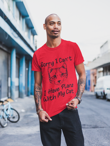 Unisex Classic Crew T-Shirt - Humorous Cat Lover Design | 'Sorry I Can't, I Have Plans With My Cat' | Monochrome Sketch Print on Light Tees | Casual & Playful Pet-Themed Apparel