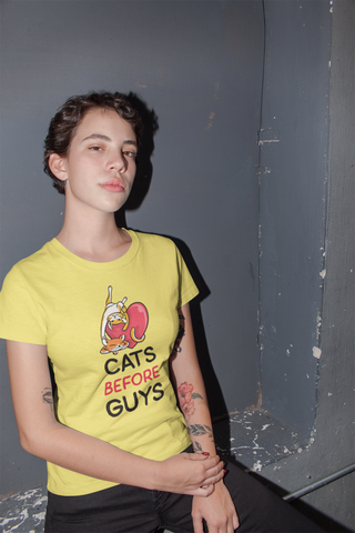 Cats Before Guys Women’s T-Shirt – Funny Cat Lover Graphic Tee