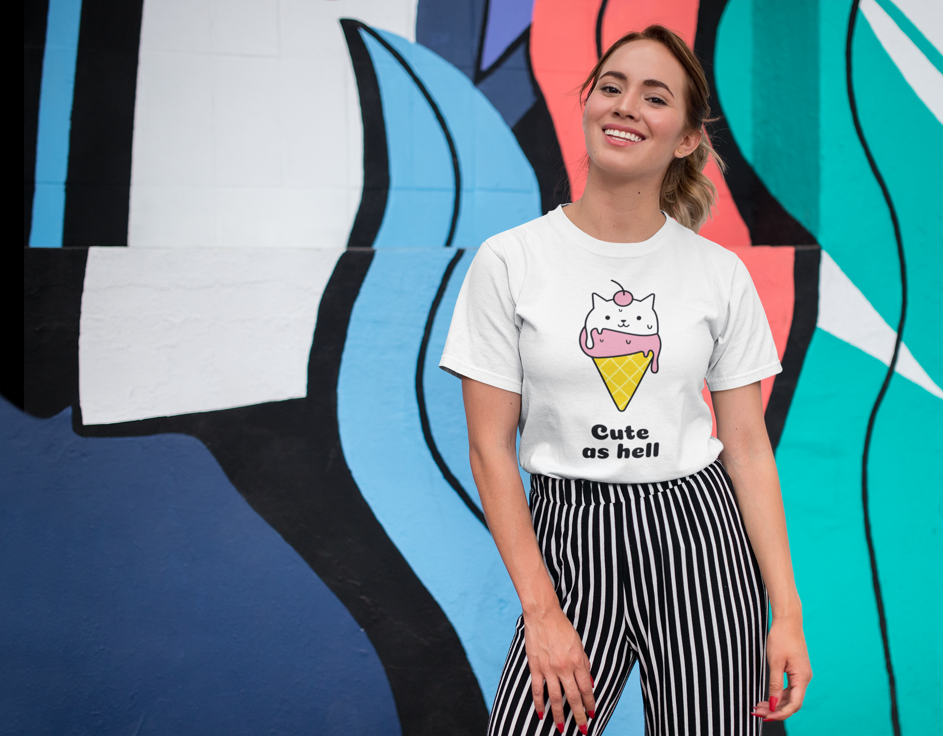 Cute As Hell T-Shirt – Ice Cream Cat Graphic Tee for Women