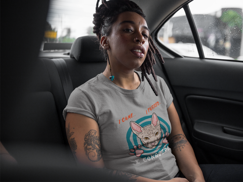 Unisex Classic Crew T-Shirt - Bold Cat Humor Design | 'I Came, I Purred, I Conquered' Sphynx Graphic in Pink, Teal, Orange & White