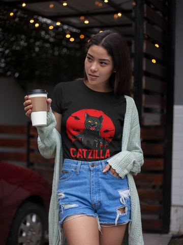 Unisex Classic Crew T-Shirt - 'CATZILLA' Retro Monster Movie Parody with Giant Cat Graphic in Bold Red, Black & Gray