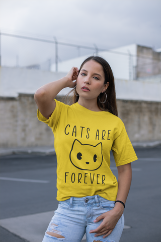 Minimalist Cat Lover's T-Shirt - 'Cats Are Forever' Cartoon Face Design