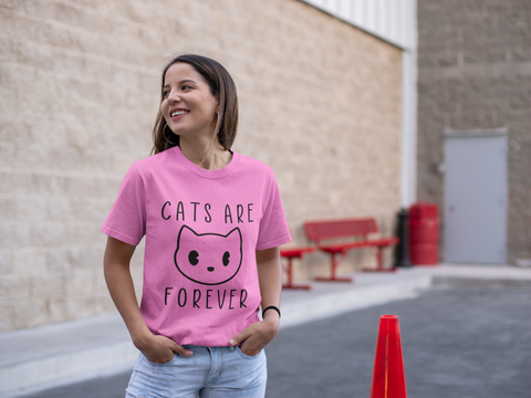 Minimalist Cat Lover's T-Shirt - 'Cats Are Forever' Cartoon Face Design