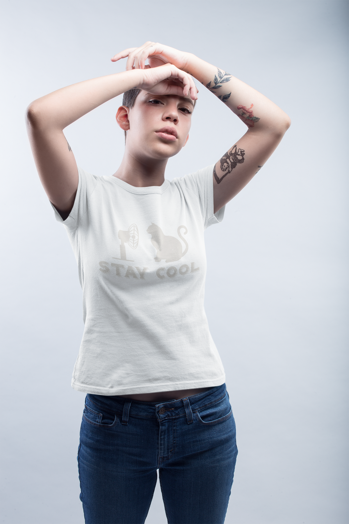 Unisex Classic Crew T-Shirt - 'Stay Cool' Cat & Fan Graphic | Monochrome Humor Design | Vintage Minimalist Style