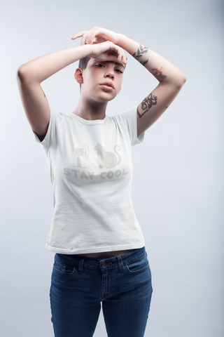Unisex Classic Crew T-Shirt - 'Stay Cool' Cat & Fan Graphic | Monochrome Humor Design | Vintage Minimalist Style