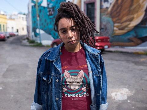 Unisex Classic Crew T-Shirt - Bold Cat Humor Design | 'I Came, I Purred, I Conquered' Sphynx Graphic in Pink, Teal, Orange & White